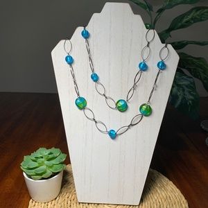 Alluring Blue/Green Beaded and Gun Metal Chain Necklace. 48”-51”